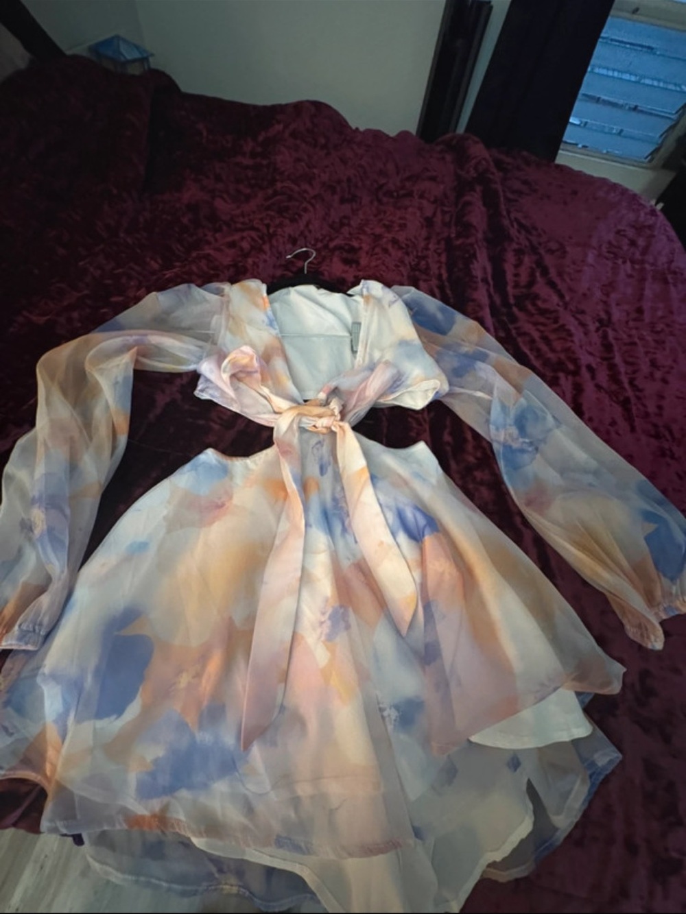 Sheer Watercolor Tie-Front Dress - Pastel Blue & Peach
